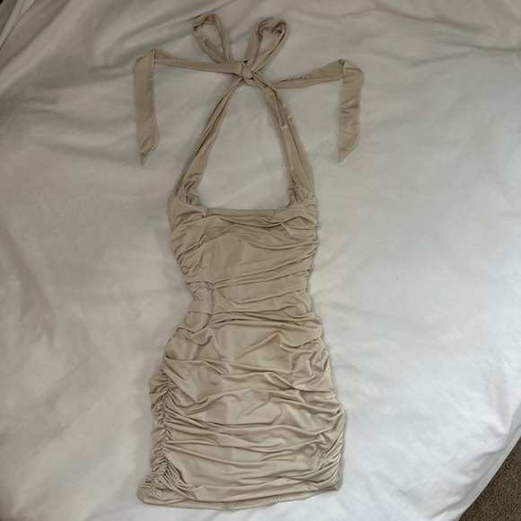 Oh Polly Halter Neck Ruched Bodycon Dress (cream) - Picture 1 of 2